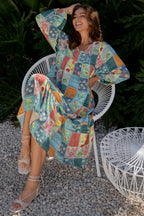 Floral Check Bubble-Sleeve Ruffle-Hem Dress