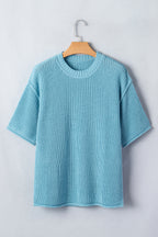 Blue Exposed Seam Half Sleeve Relaxed Sweater