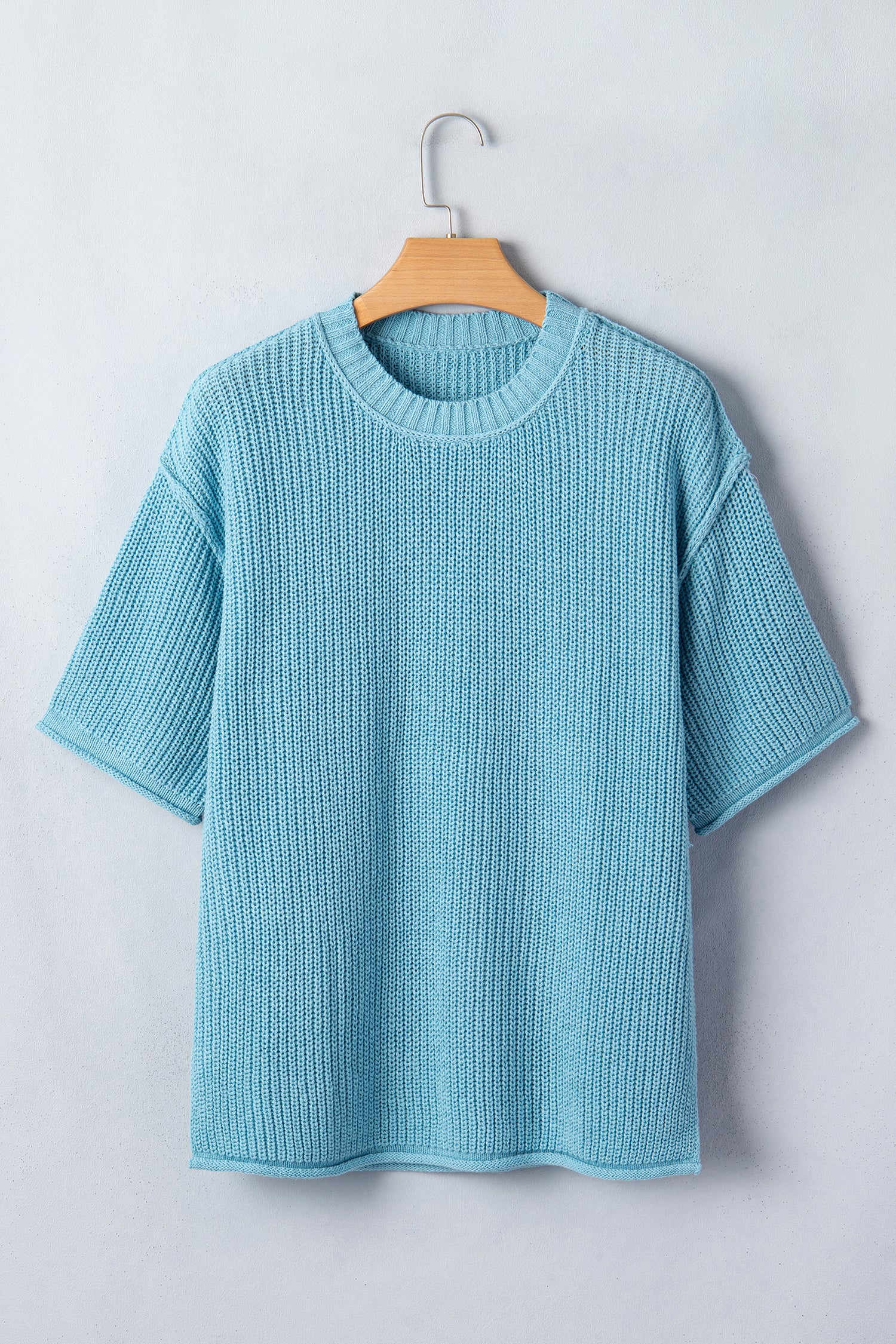 Blue Exposed Seam Half Sleeve Relaxed Sweater