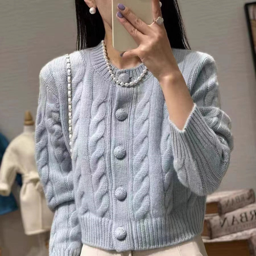 Round-Neck Wool Knit Cardigan