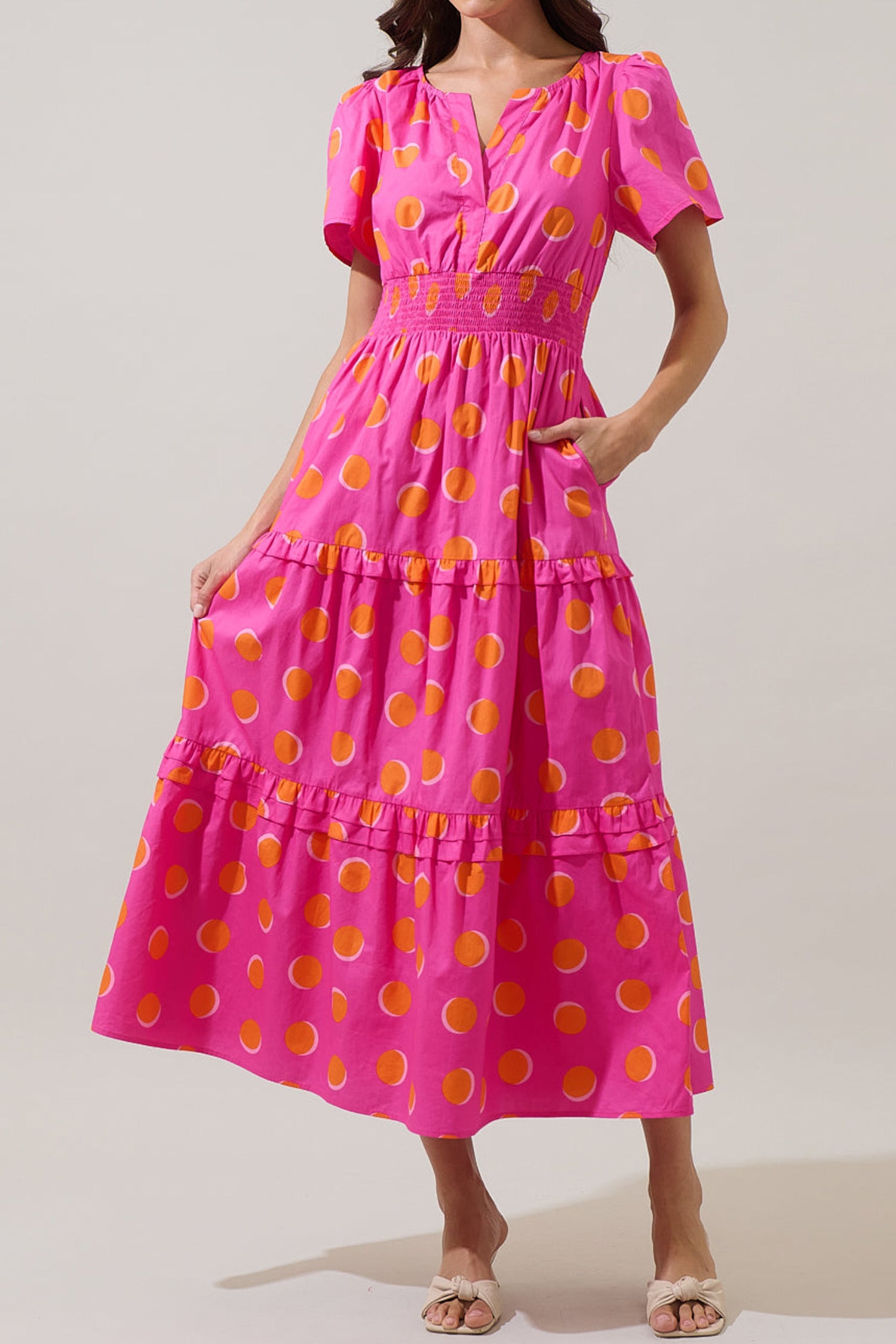 Polka Dot Shirred High-Waist Midi Dress