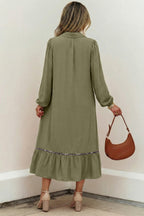 Collared V Neck Smocked Leopard Trim Long Dress