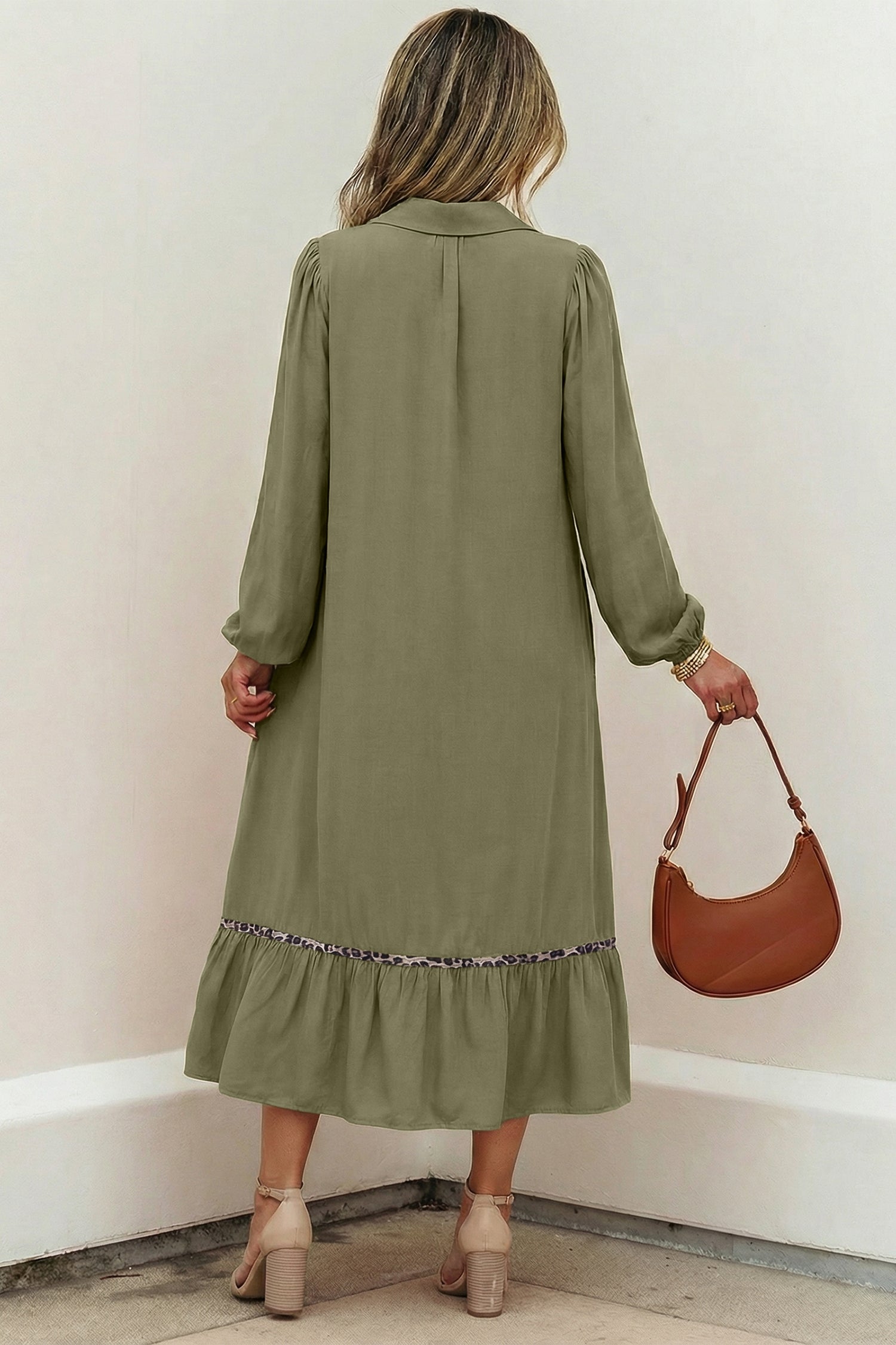 Collared V Neck Smocked Leopard Trim Long Dress
