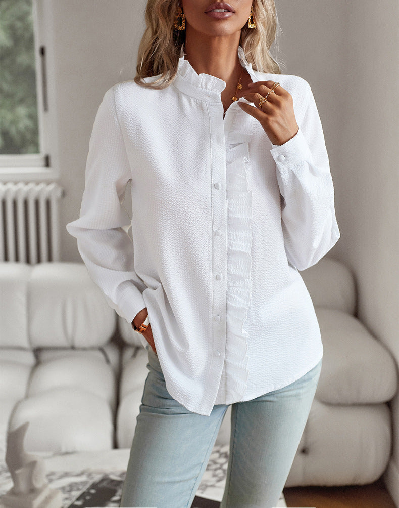 Striped Ruffle-Front Button-Up Shirt