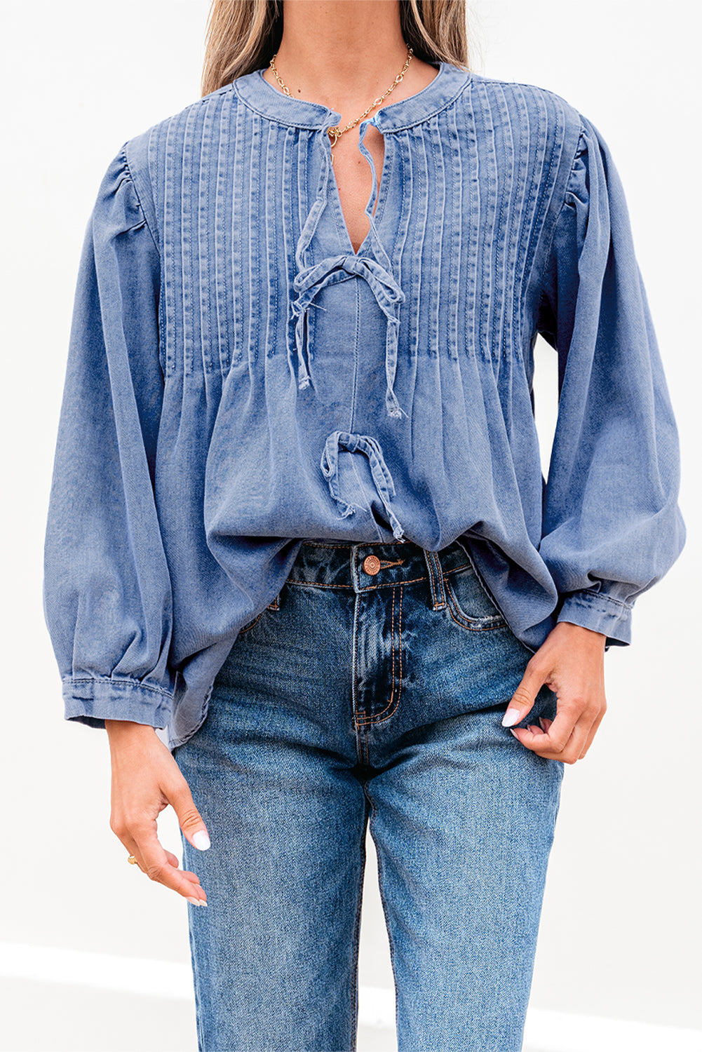 Blue Denim Pintuck Bow Tie Puff Sleeve Top