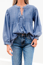 Blue Denim Pintuck Bow Tie Puff Sleeve Top