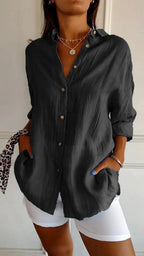 Pleated Long-Sleeve Button-Front Shirt in Black