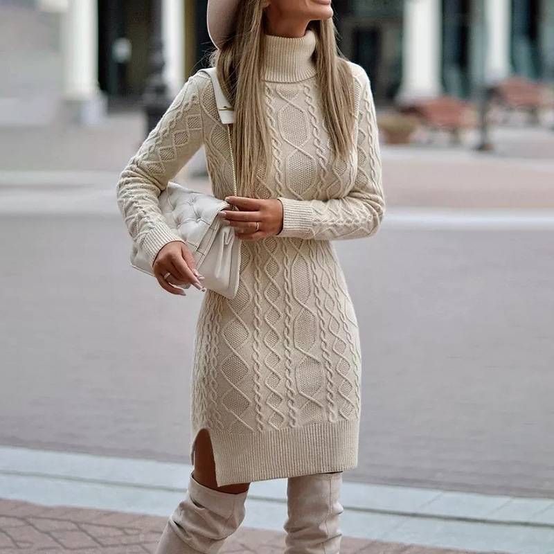 Turtleneck Cable-Knit Sweater Dress