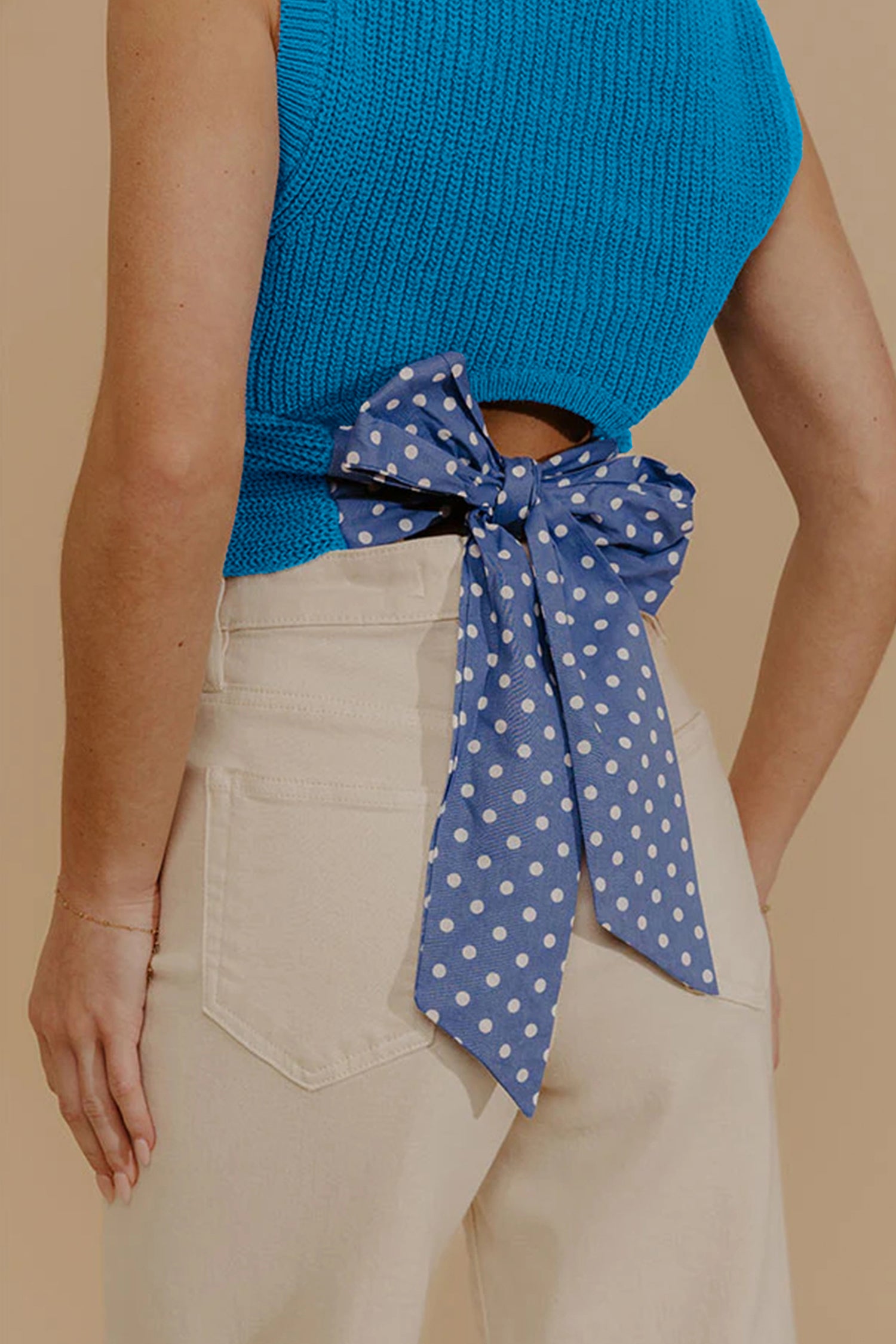 Polka Dot Knot-Back Cropped Sweater Tank