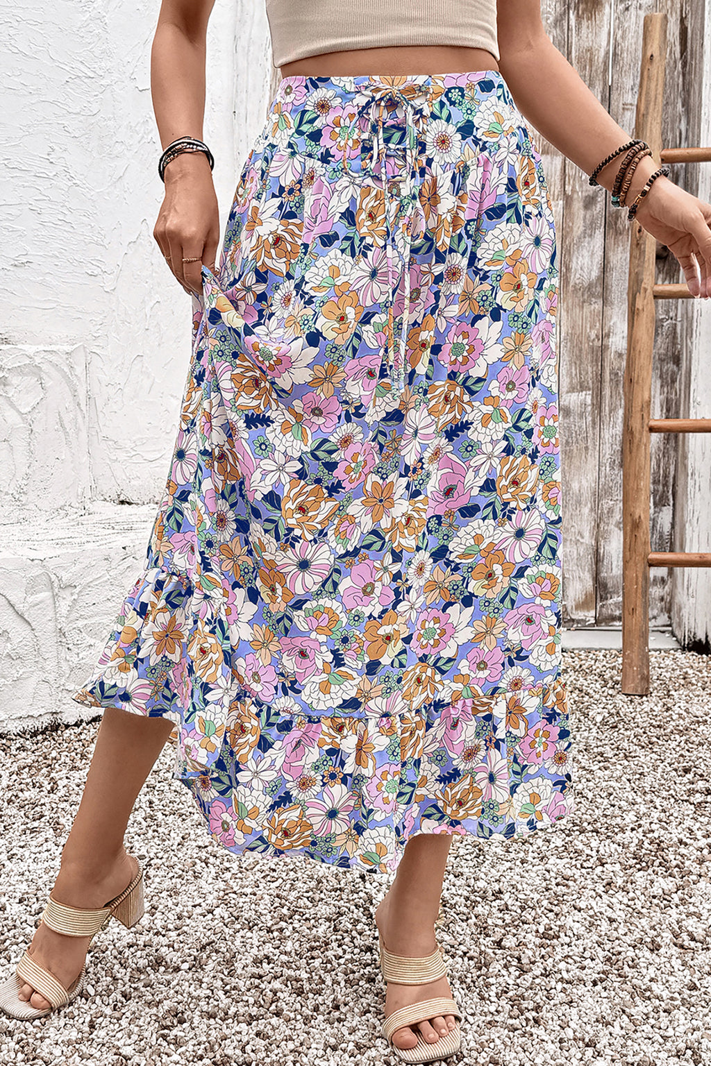 Floral Print Drawstring Ruffle-Hem Maxi Skirt