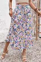 Floral Print Drawstring Ruffle-Hem Maxi Skirt