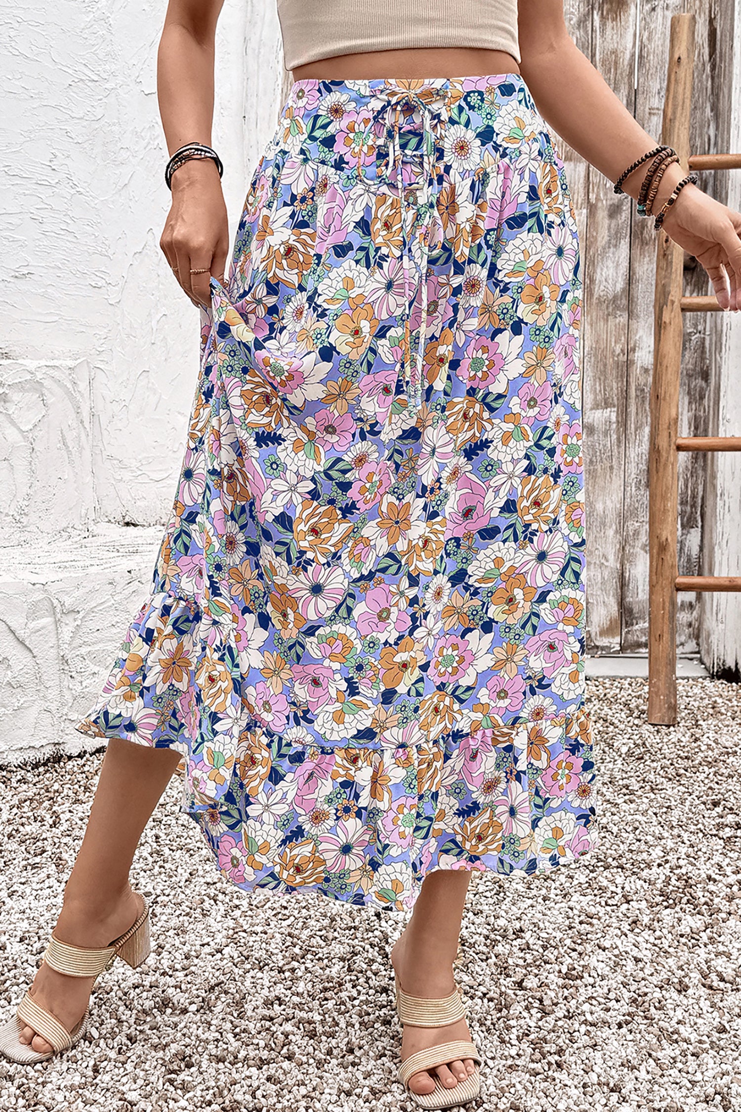 Floral Print Drawstring Ruffle-Hem Maxi Skirt