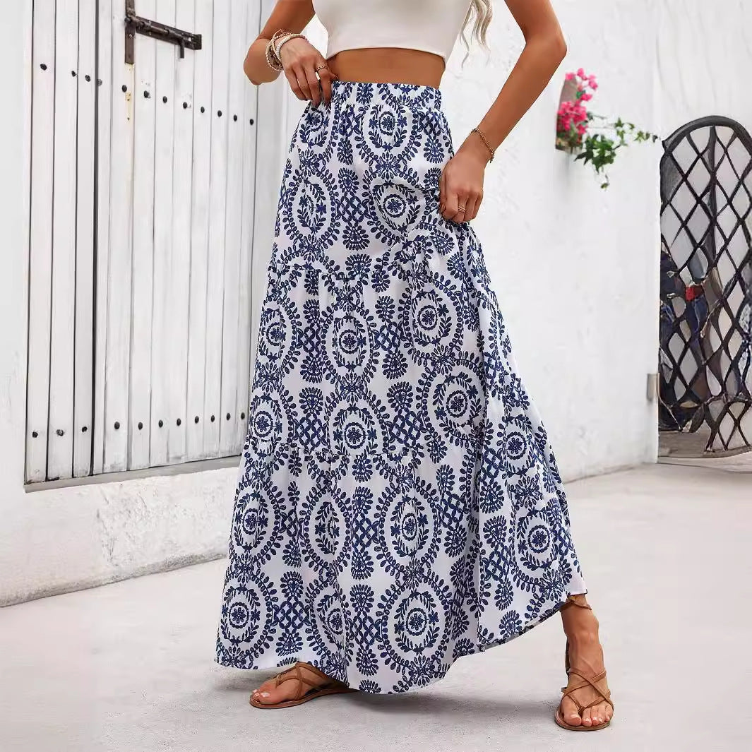 Blue Porcelain Print A-Line Maxi Skirt