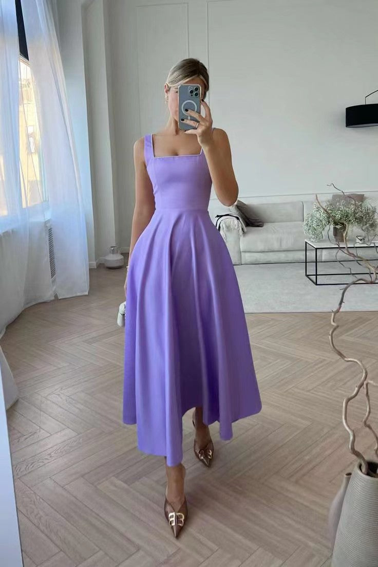 Square-Neck Sleeveless Pleated A-Line Dress