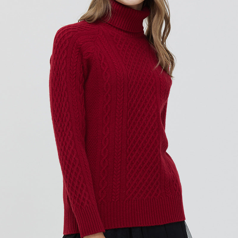 High-Neck Cable-Knit Wool Sweater
