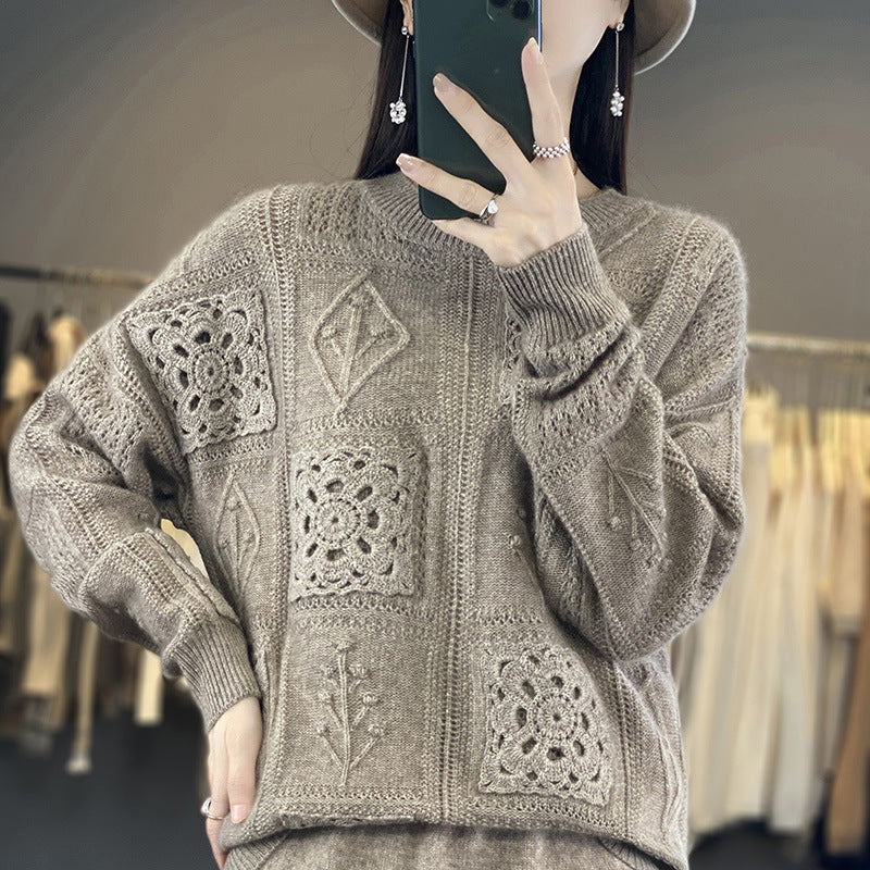 Crochet Hollow-Out Wool Crew-Neck Sweater