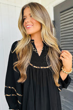 Leopard-Trim Split-Neck Long-Sleeve Midi Dress