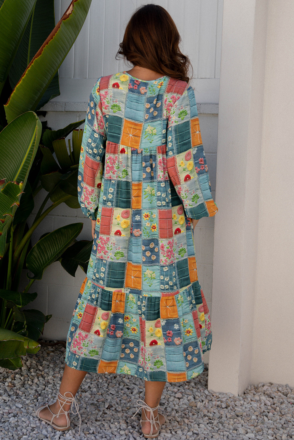 Floral Check Bubble-Sleeve Ruffle-Hem Dress