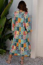 Floral Check Bubble-Sleeve Ruffle-Hem Dress