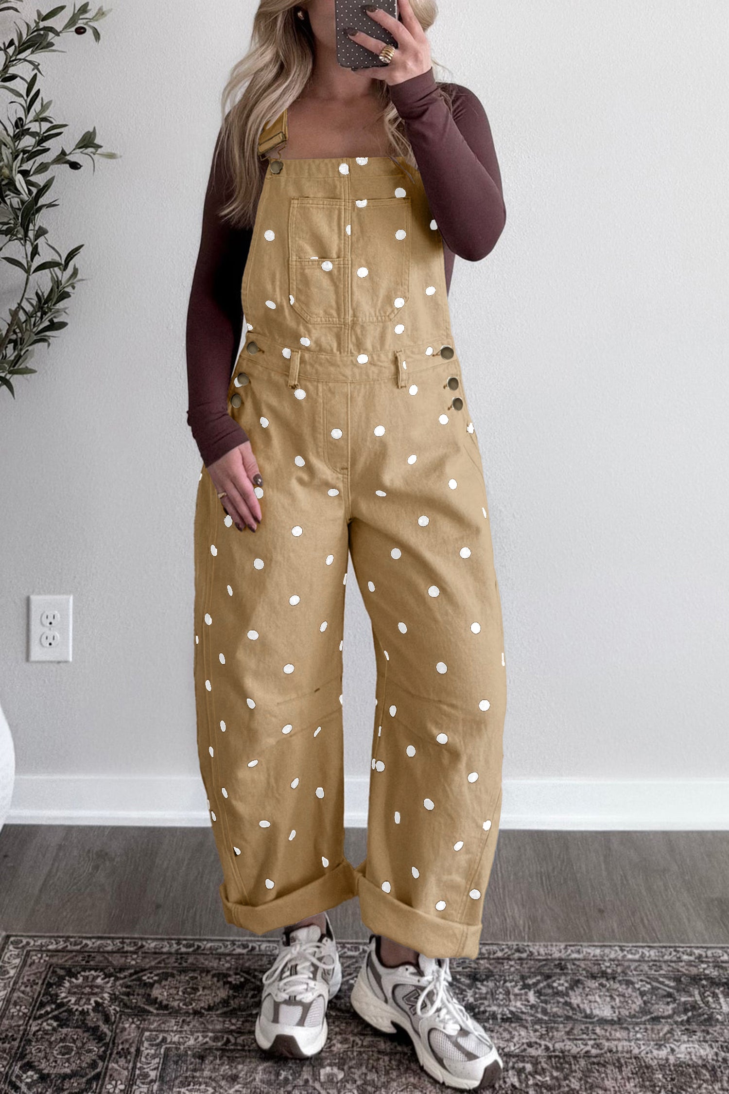 Polka Dot Denim Barrel-Leg Overalls