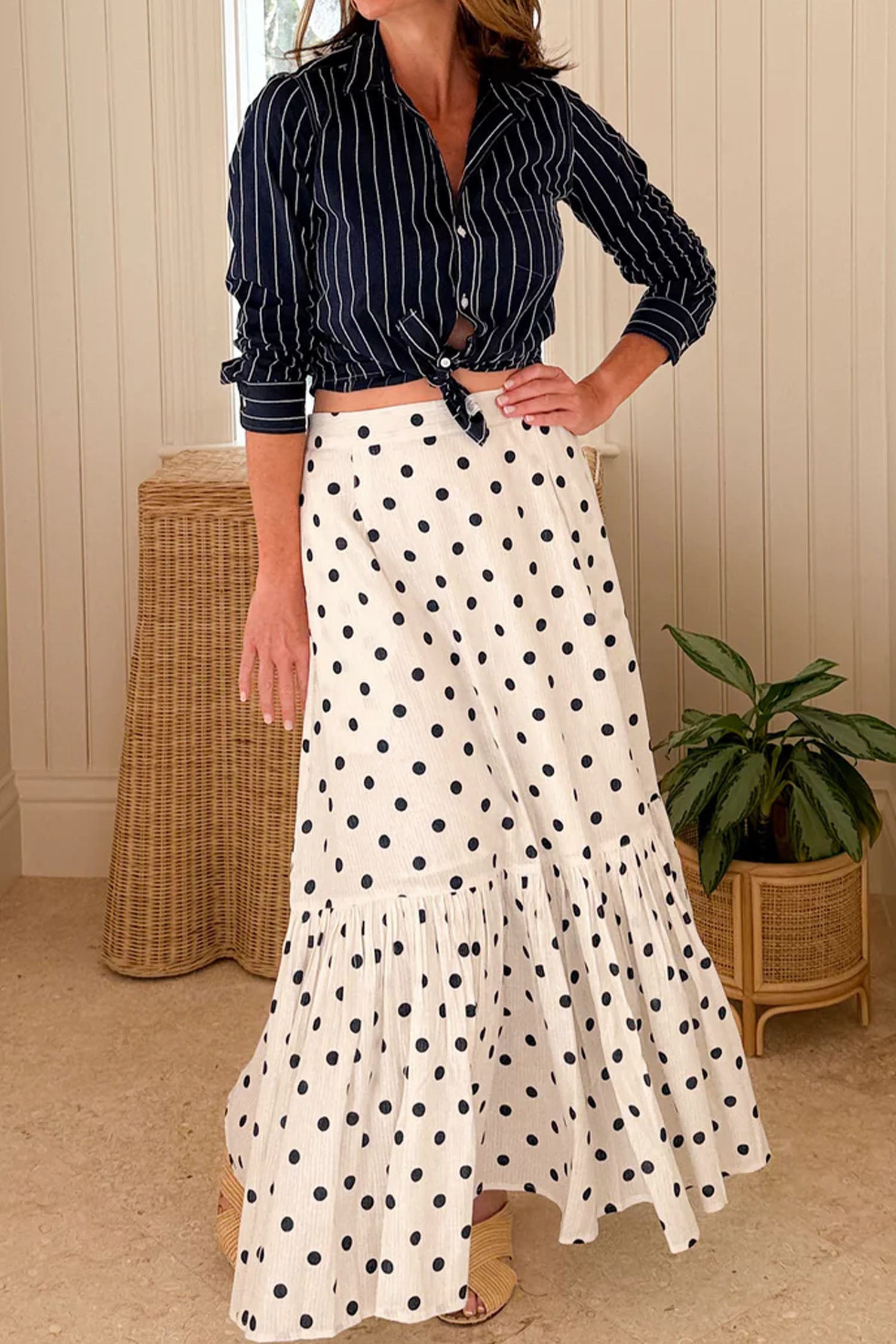 Polka Dot Split-Hem Maxi Skirt