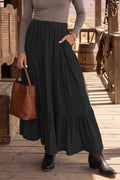 Tiered Ruffle Flared Denim Maxi Skirt