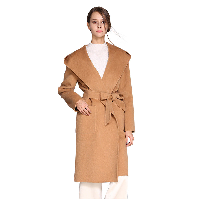 Hooded Belted Wool Wrap Coat
