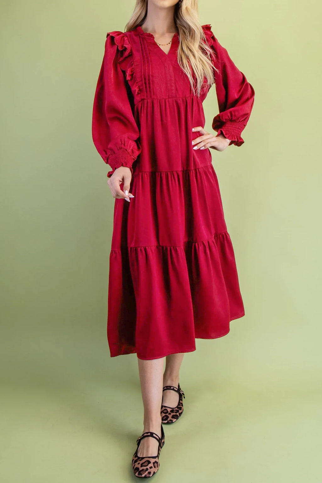 Ruffle-Trim Long-Sleeve Tiered Shift Midi Dress