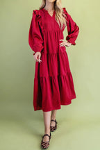 Ruffle-Trim Long-Sleeve Tiered Shift Midi Dress