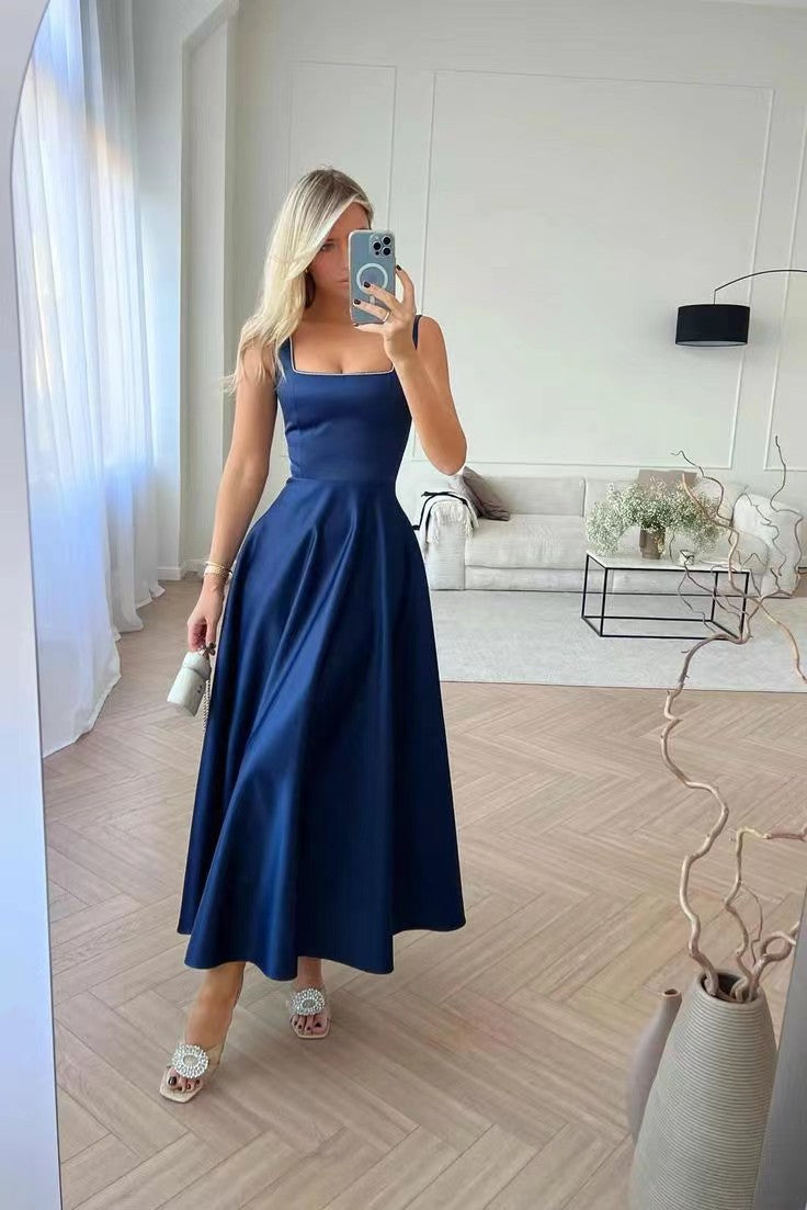 Square-Neck Sleeveless Pleated A-Line Dress