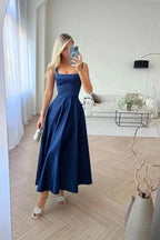 Square-Neck Sleeveless Pleated A-Line Dress