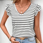 Striped Flutter-Sleeve Tie-Back Top