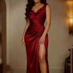 Woman wearing the Modarine cowl-neck ruched high-slit maxi dress