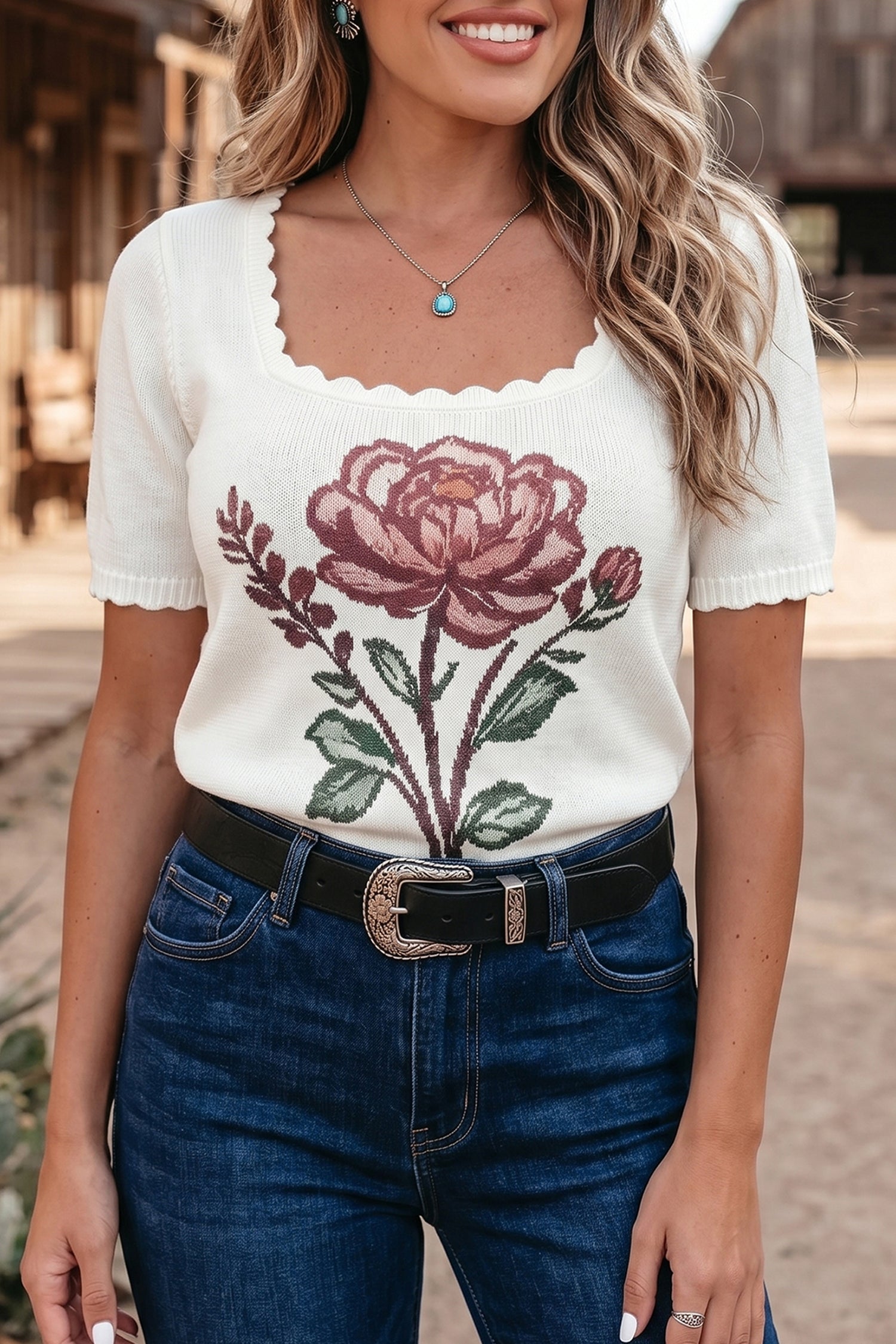 White Floral Print Square Neck Short Sleeve Sweater
