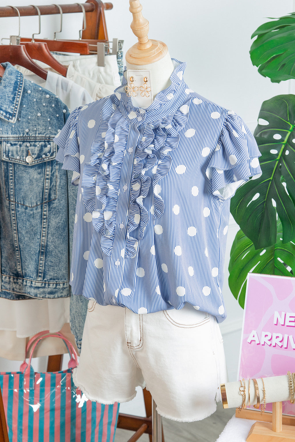 Striped Polka Dot Pleated Ruffle-Sleeve Shirt