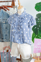Striped Polka Dot Pleated Ruffle-Sleeve Shirt