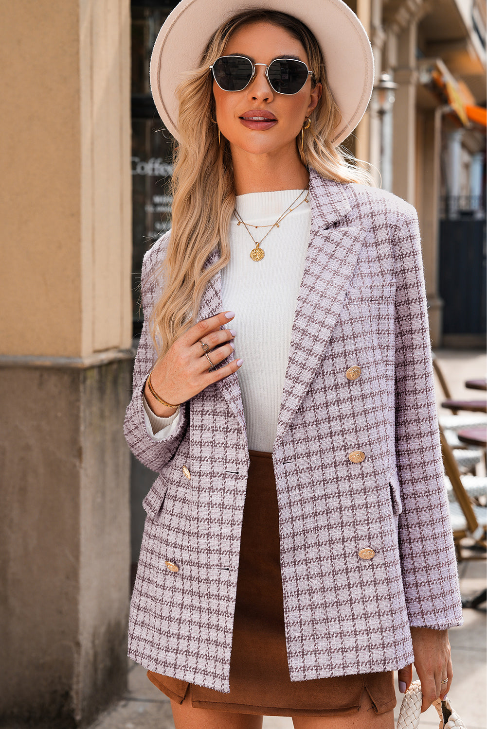 Tweed Plaid Lapel-Collar Blazer