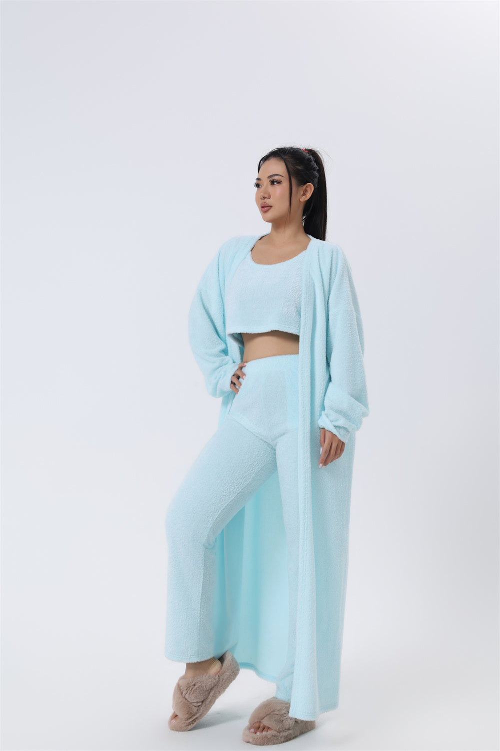 Fluffy Knit Wide-Leg Pants 3-Piece Pajama Set