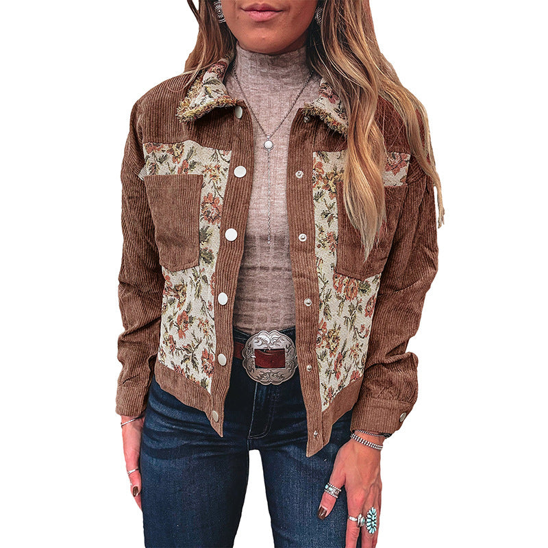 Floral Panel Corduroy Trucker Jacket