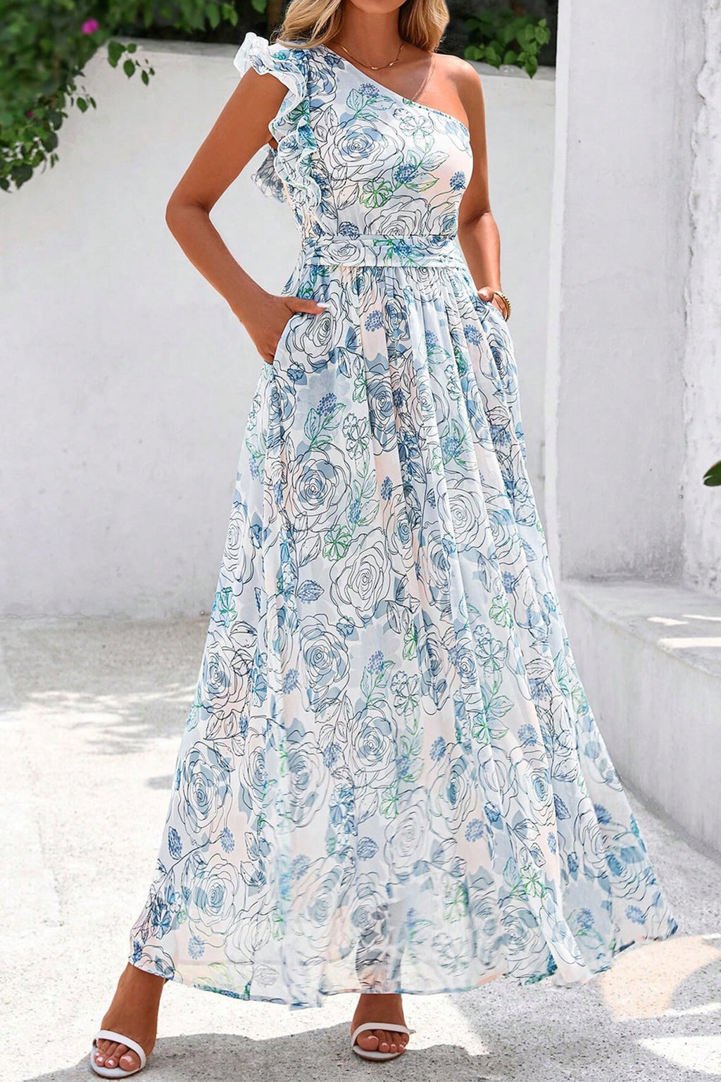 Blue Floral One Shoulder Ruffle Maxi Dress