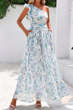 Blue Floral One Shoulder Ruffle Maxi Dress