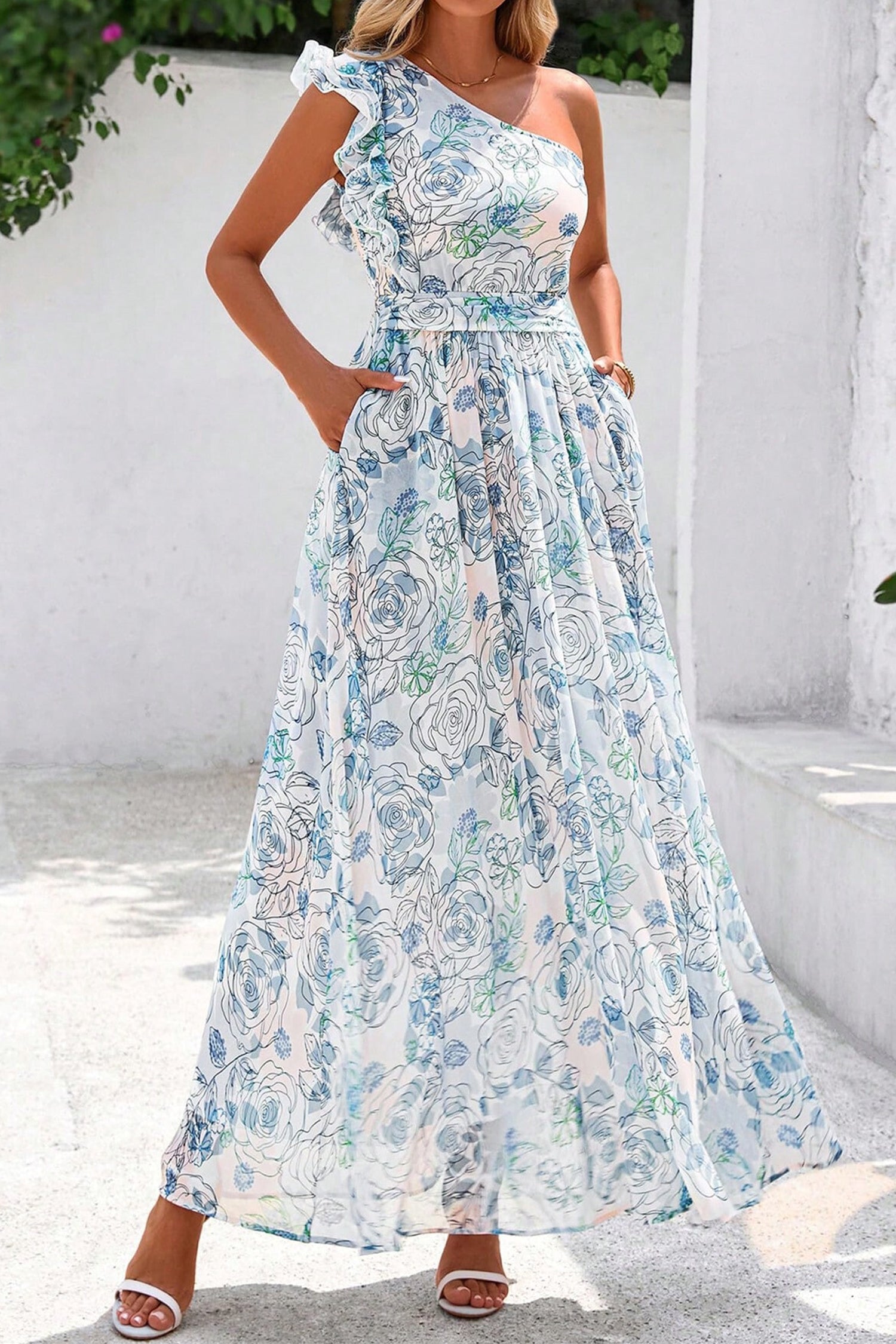 Blue Floral One Shoulder Ruffle Maxi Dress