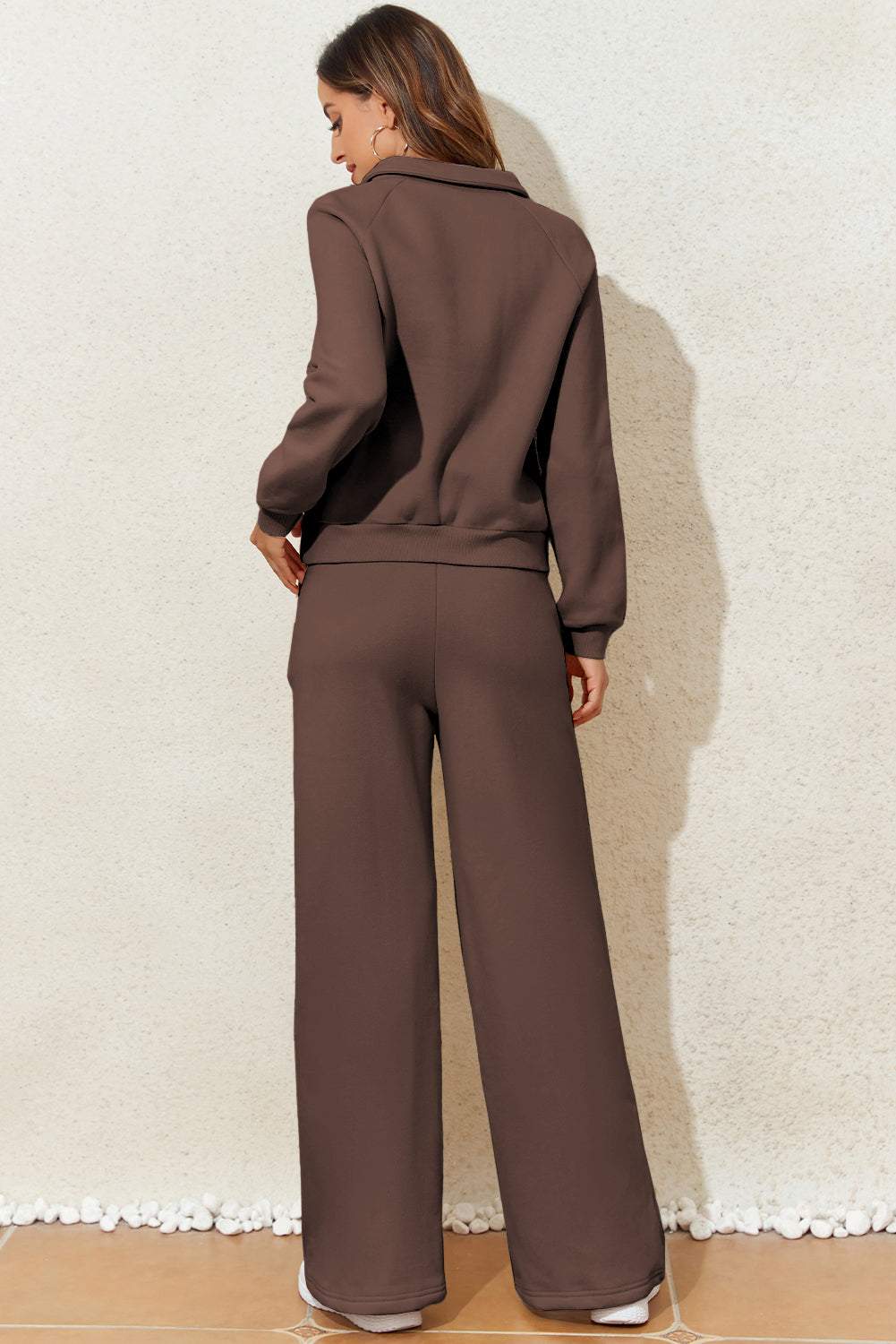 Collared Sweatshirt and High-Waist Pants Set