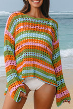 Multi-Stripe Open-Knit Beach Cover-Up