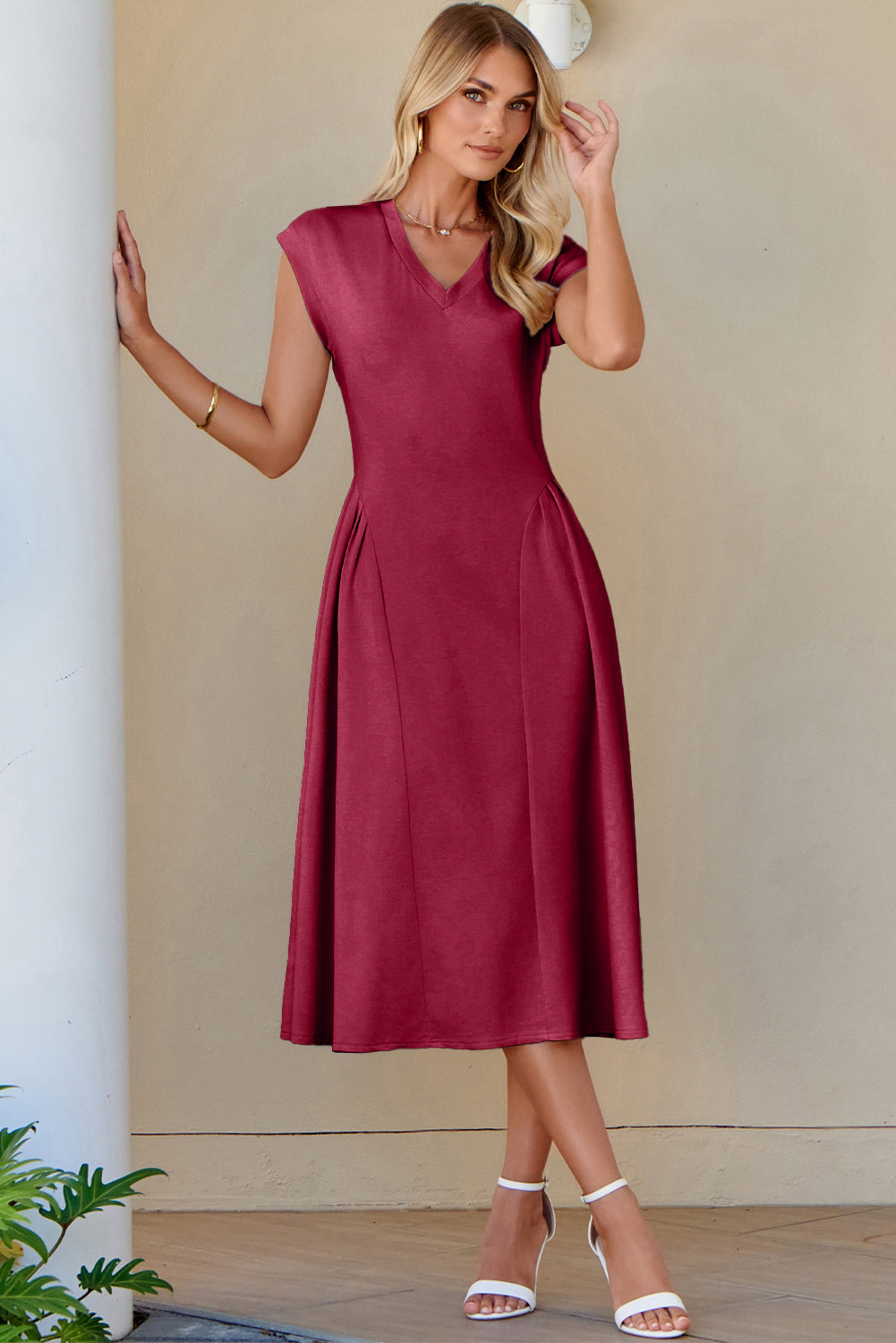 V-Neck Pleated Flared Midi Dress