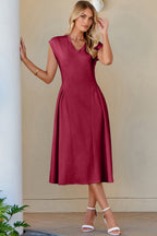 V-Neck Pleated Flared Midi Dress