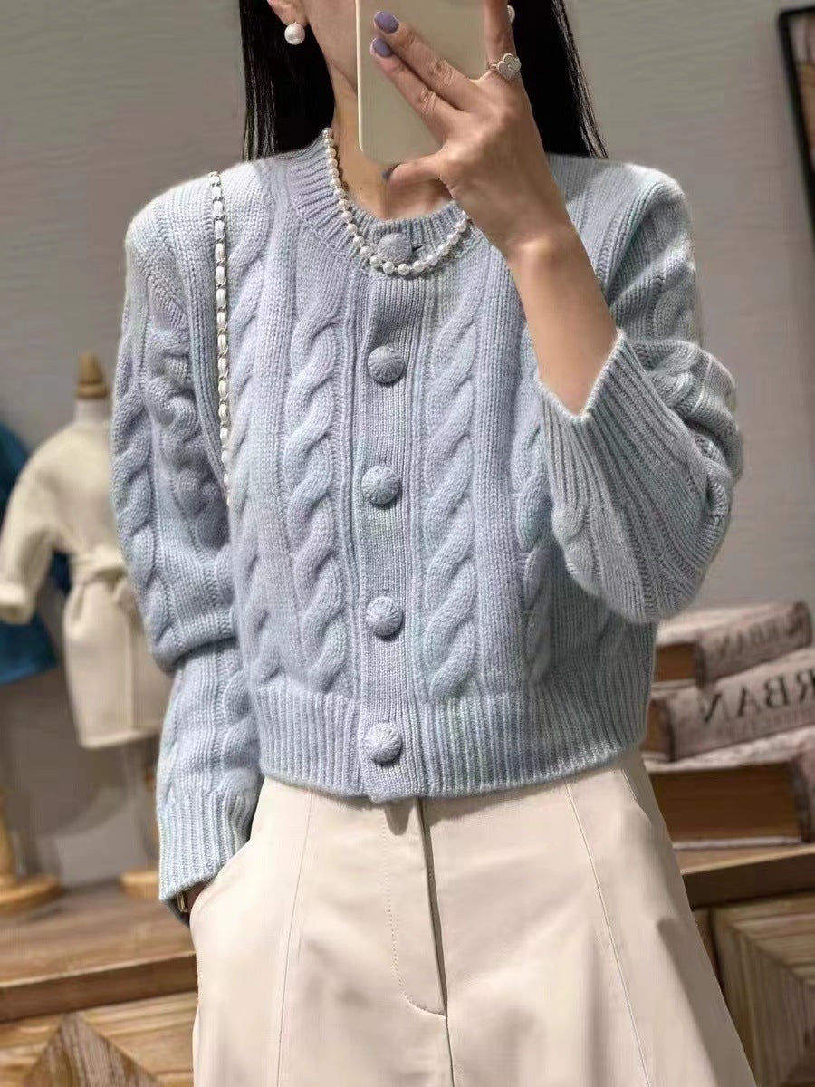 Round-Neck Wool Knit Cardigan