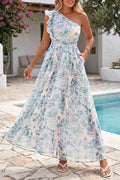 Blue Floral One Shoulder Ruffle Maxi Dress