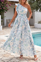 Blue Floral One Shoulder Ruffle Maxi Dress