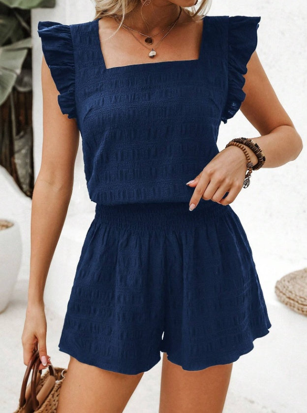 Square-Neck Ruffle-Sleeve Top and Shorts Set